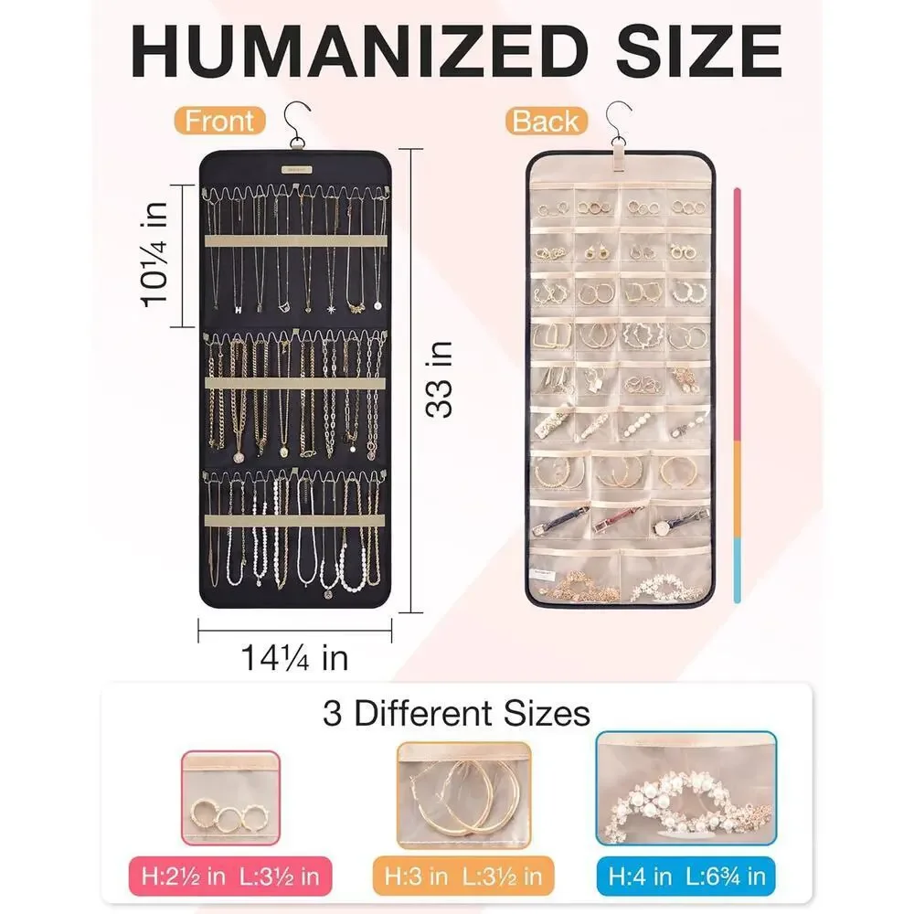 Jewelry Organizer Women Black Hanging Double Sided Closet Wall Storage Large